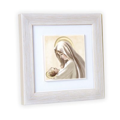mattonella cornice bianca quadro bomboniera madonna bambino 19x19