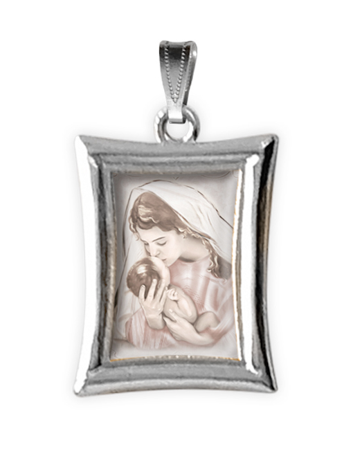 medaglia argento nikel rettangolare madonna con bambino