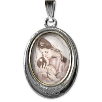 Medaglia argento nikel ovale madonna bambino SACRA FAMIGLIA